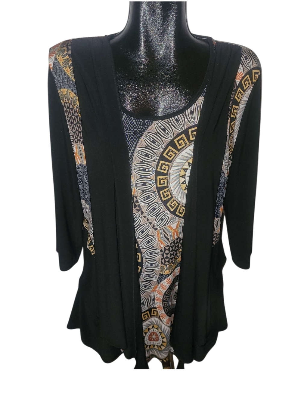 Soiree Collection Black Layered Tunic with Geometric Abstract Print Size L